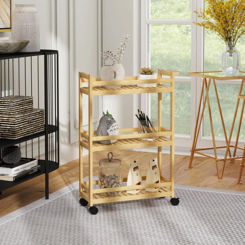 HOMCOM Serving cart, 3 tiers, slatted shelves, anti-fall guard, bamboo, 55 x 20 x 75 cm