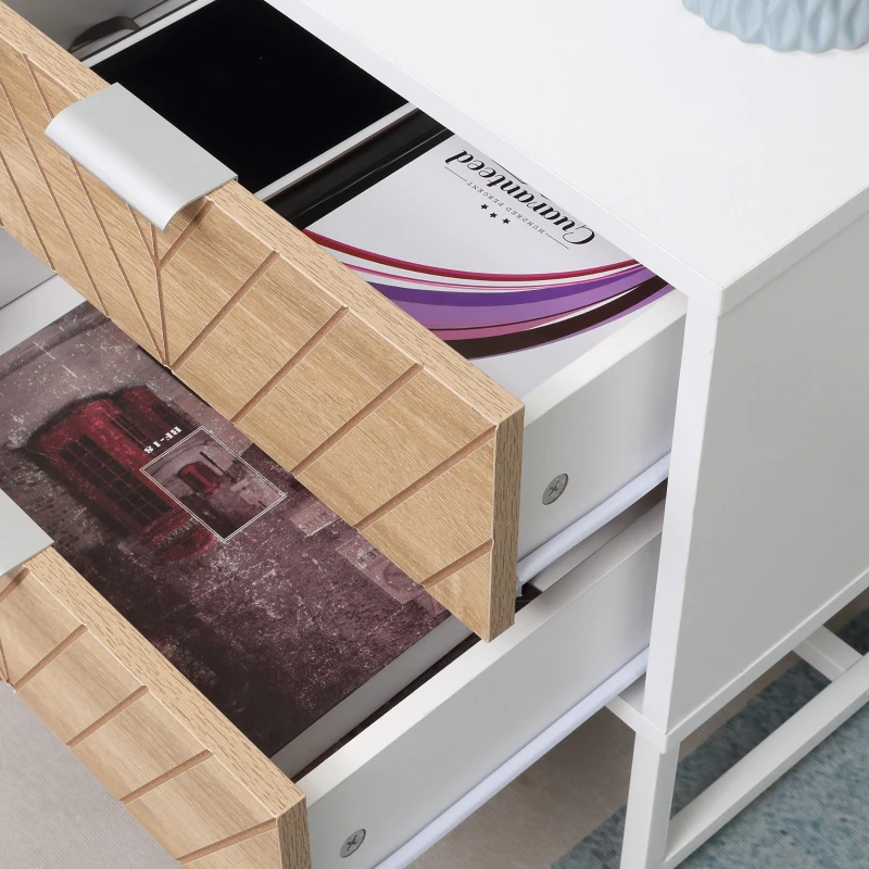 HOMCOM Modern Bedside Table with 2 Drawers and Metal Frame, Sofa Side Table for Bedroom Living Room, White and Oak