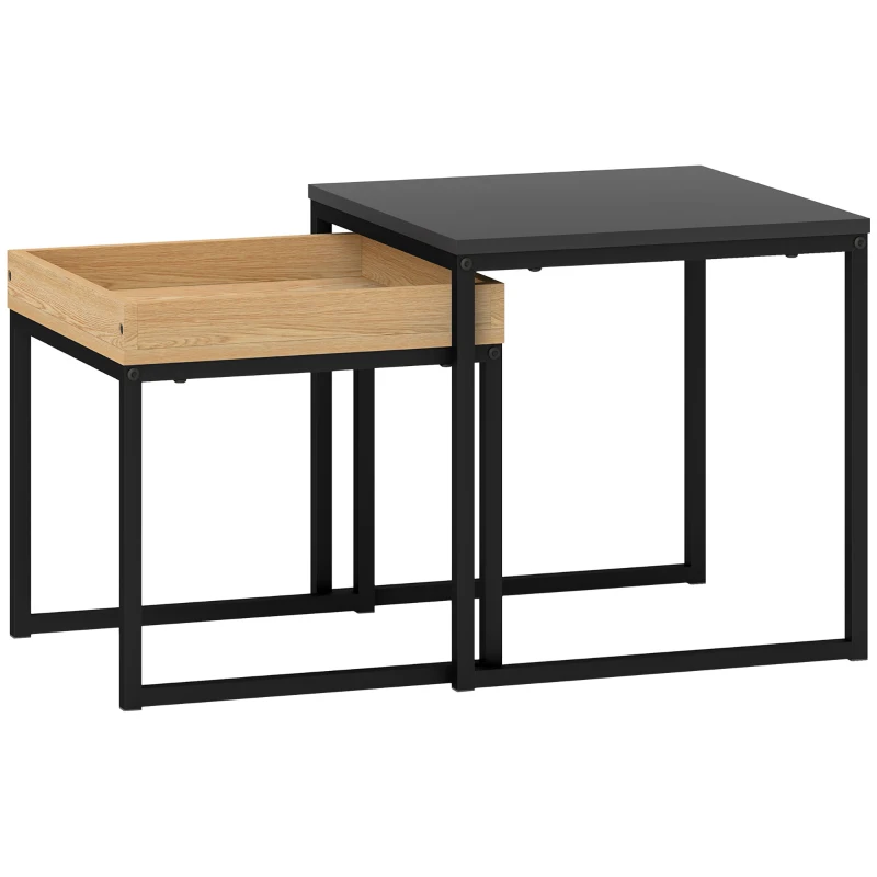 HOMCOM Set 2 Măsuțe de Cafea Moderne cu Picioare în Formă de U, Măsuțe de Sufragerie din Lemn și Oțel, 40x40x40 cm, Negru
