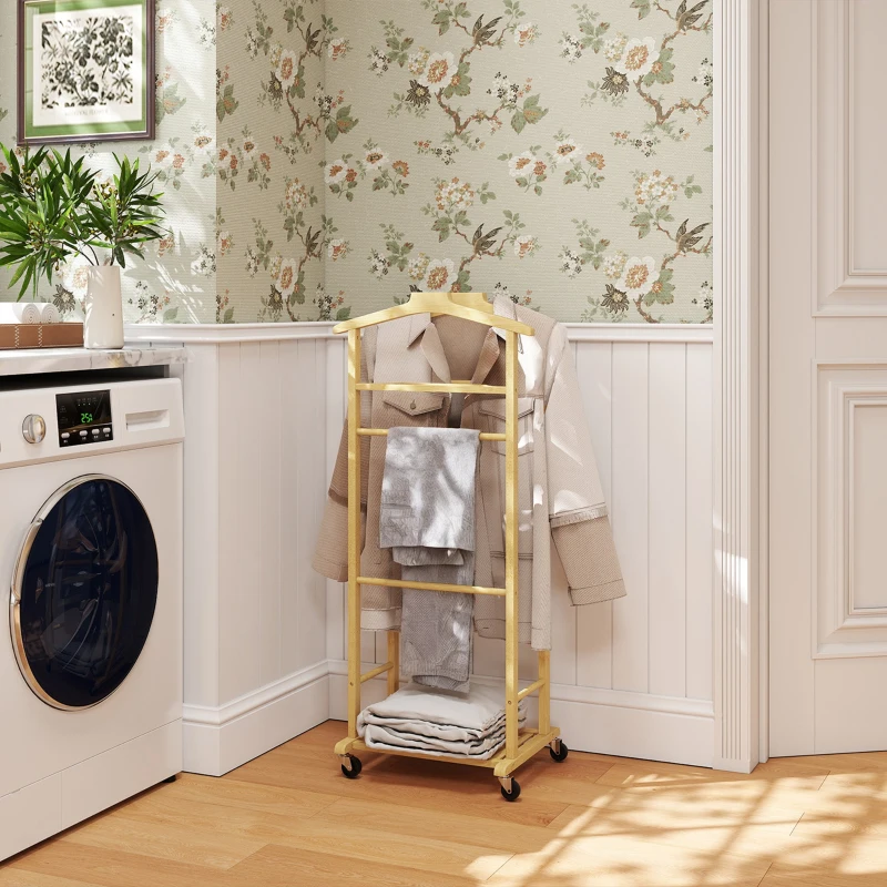 HOMCOM Kleiderständer auf Rollen, Bambus-Garderobe, integrierter Doppelbügel, 47 x 33,7 x 105,5 cm, Naturholz