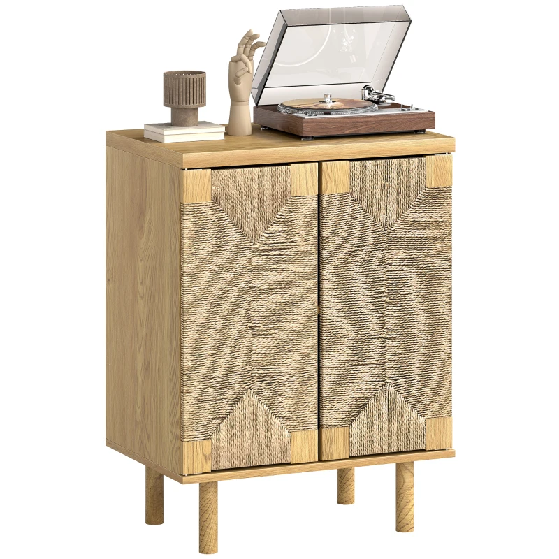 HOMCOM Anrichte im Boho-Stil mit 2 Türen und handgeflochtener Kordel Verstellbarer Einlegeboden Push-to-open Eiche 60x40x78 cm