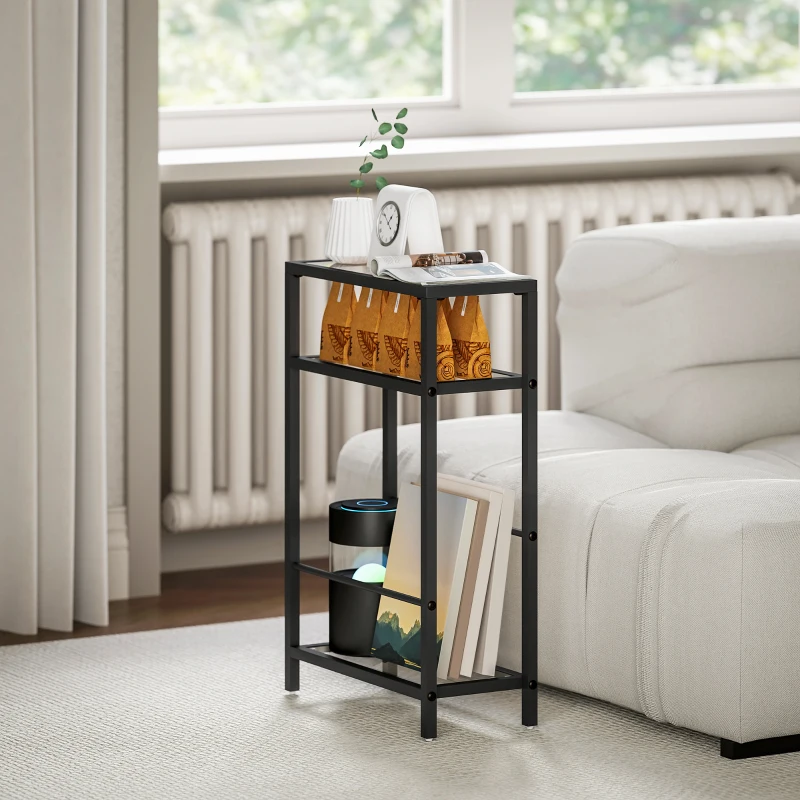 HOMCOM 3-tier shelf with glass shelves, 18 cm wide, steel frame, crossbars, black