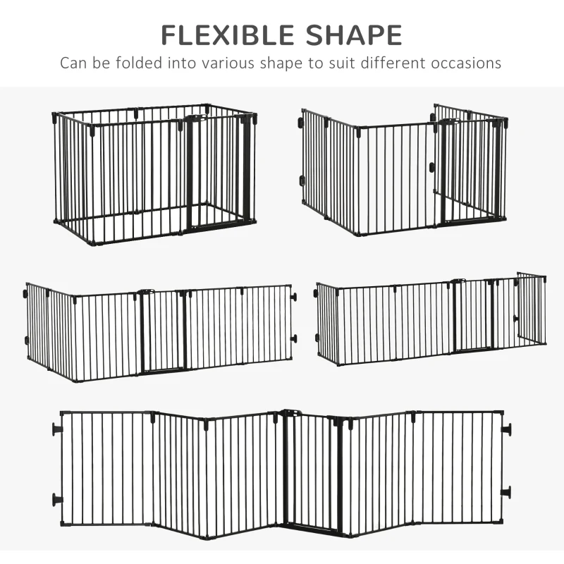PawHut Dog Safety Gate 6-Panel Playpen Fireplace Christmas Tree Steel Fence Stair Barrier Room Divider Black