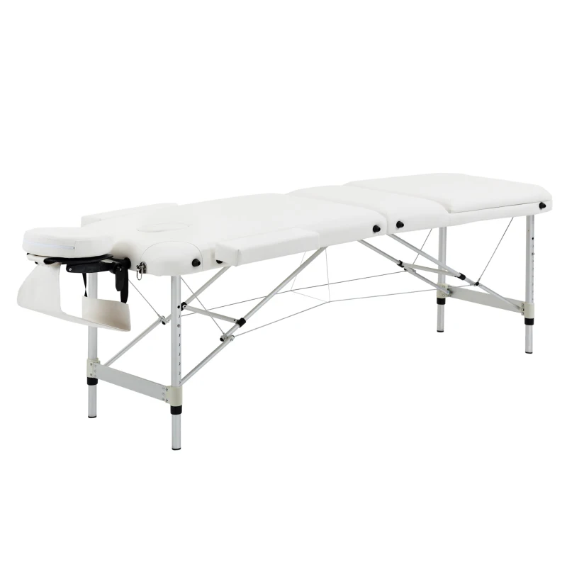 HOMCOM Mobile 3-Zone Folding Massage Table with Headrest Armrest Carry Bag Height-Adjustable Aluminum Portable Massage Bed incl. Accessories Massage Bench up to 225 kg Load White