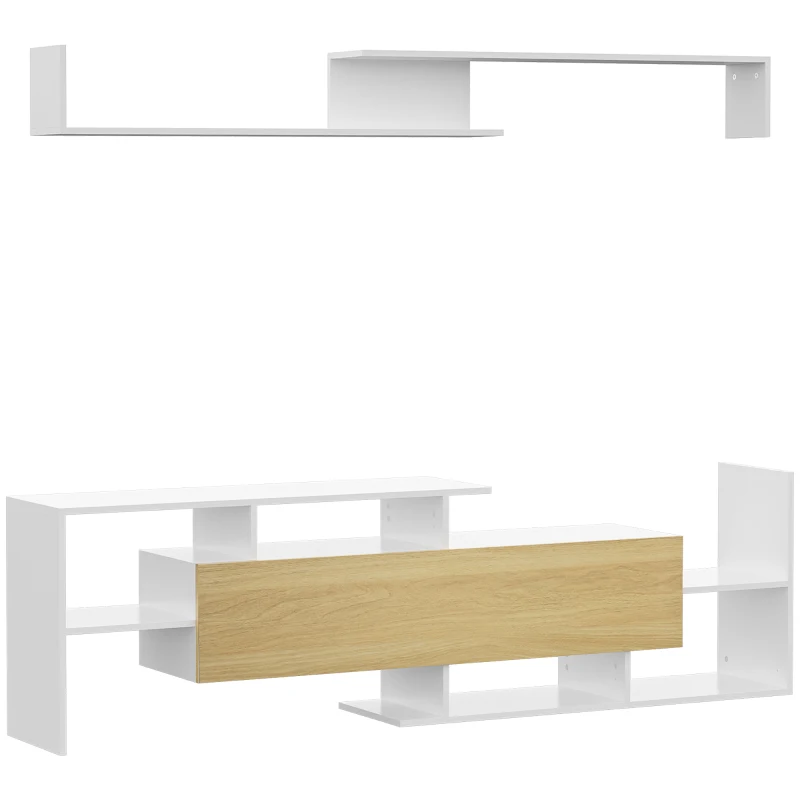 Homcom Mobilier TV 153,6×25×42 cm – Alb cu Rafturi si Dulap Perete