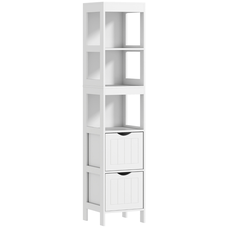 HOMCOM Bathroom cabinet, Compact bathroom shelf with 2 drawers and 3 open shelves, Freestanding bathroom shelf, MDF, White