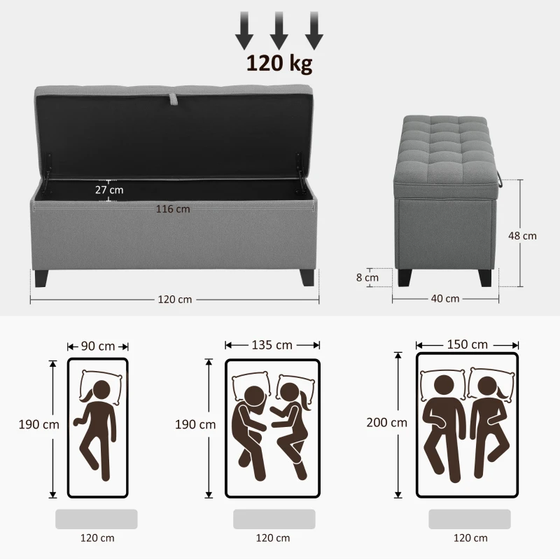 HOMCOM Banco de Armazenamento com 2 Dobradiças de Segurança Tampa Rebatível para Quarto Sala de Estar 120x40x48 cm Cinza Escuro