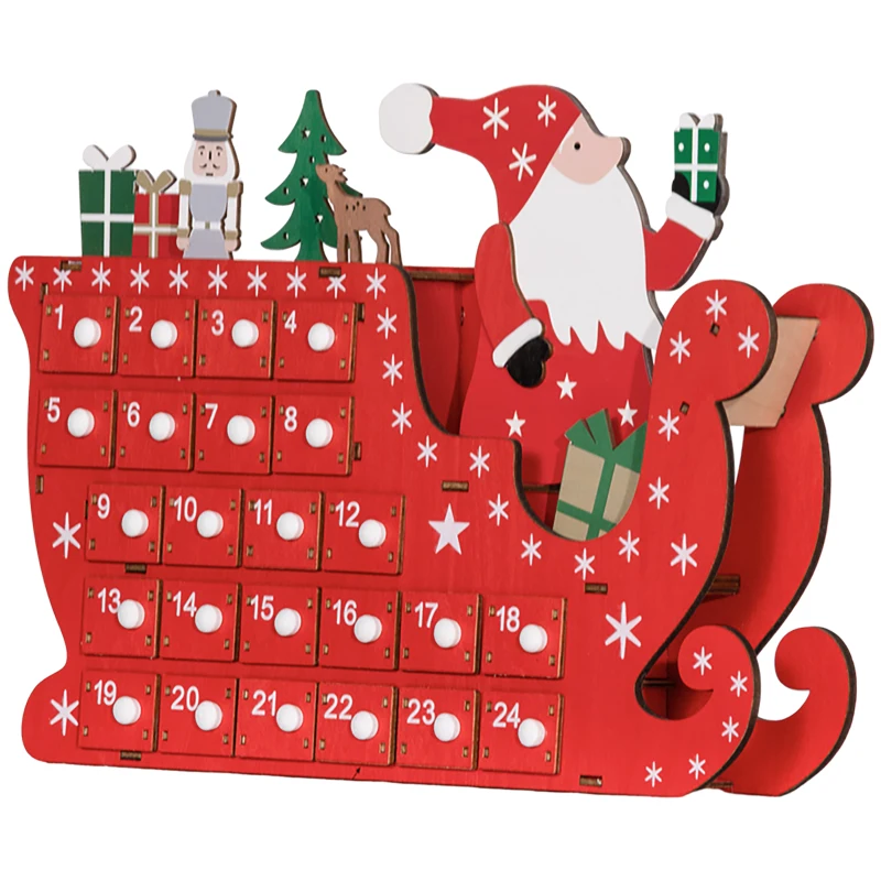 HOMCOM Calendrier de l'Avent à remplir en bois, décoration de Noël avec 24 tiroirs, Père Noël et traîneau, 22,5x8x36cm, rouge