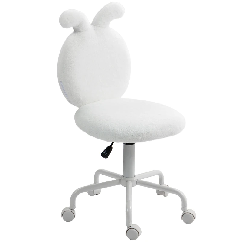 HOMCOM Upholstered Chair with Bunny Ears, Rollable Desk Chair, Swivel, Faux Fur, White