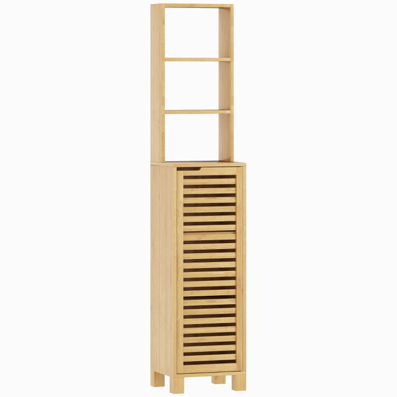 HOMCOM Meuble Haut de Salle de Bain en Bambou Colonne Étroit avec 3 Étagères Ouvertes Portes à Lames Tablettes Réglables 34x30x170 cm Naturel