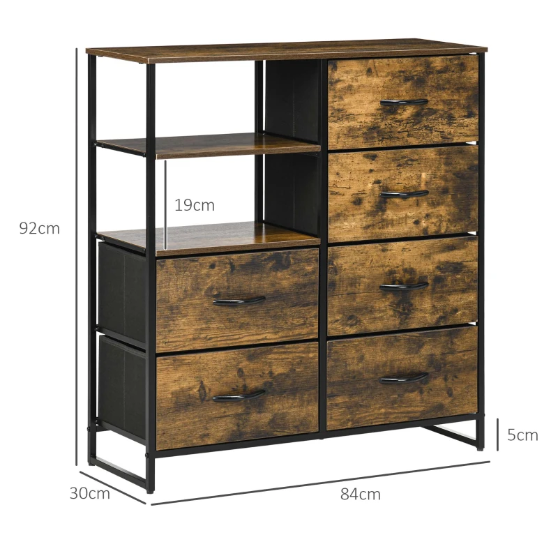 HOMCOM Dresser with six drawers, open shelves, MDF and steel, 84x30x92 cm, Brown/Black, adjustable feet