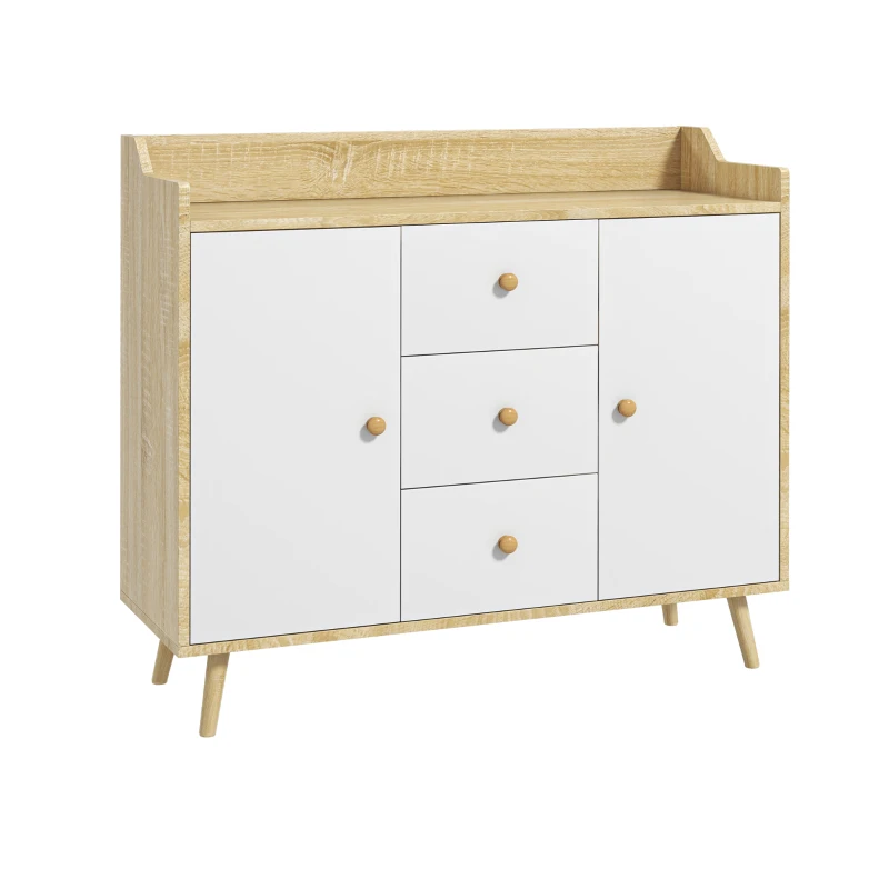 HOMCOM Bufet Modern din PAL si Lemn de di Pin cu 3 Sertare si 2 Dulapioare cu 2 Niveluri, 90x32x80 cm, Alb si Lemn Natur