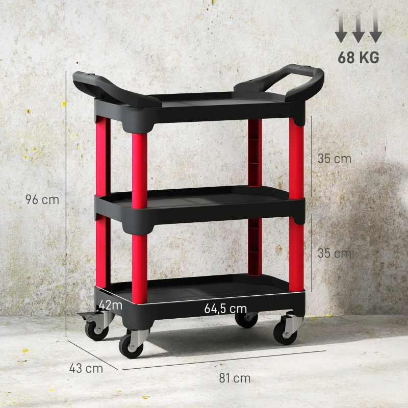 HOMCOM Tool cart with 3 tiers, side handles, wheels, plastic, black