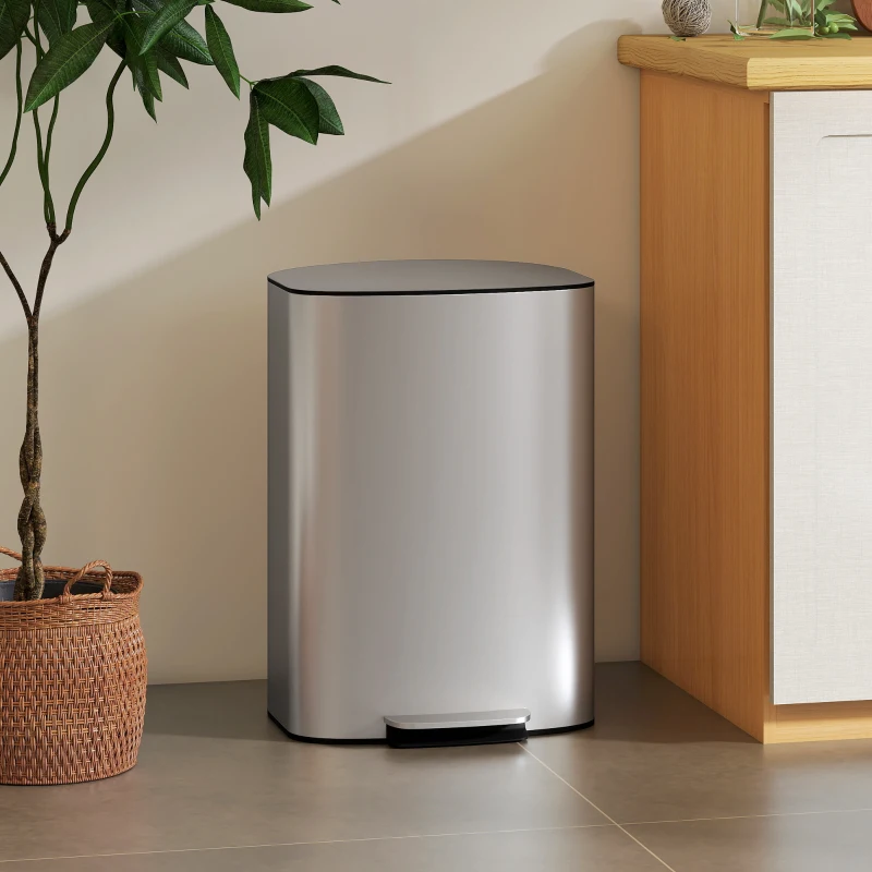 HOMCOM Pattumiera a Pedale da 50L con Coperchio Ammortizzato, Apertura a 90° e Secchio Rimovibile, Acciaio Inox, Grigio