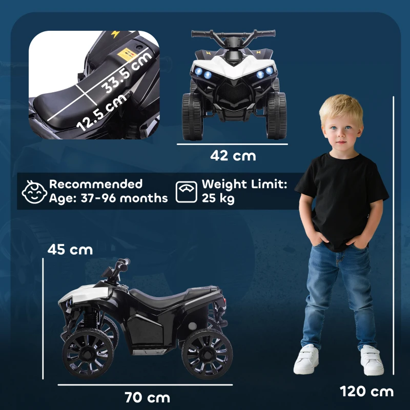 AIYAPLAY Quad elettrico per bambini 6V, con musica e fari LED, per 3-8 anni, 70 x 42 x 45 cm, Bianco