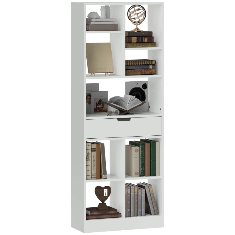 HOMCOM Bookshelf, Multipurpose Shelf, 9 Compartments, Drawer, Anti-tip, 60 x 26 x 158 cm, White