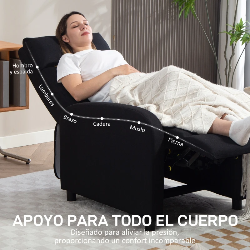 HOMCOM Sillón Relax Reclinable Manual hasta 155º Apertura Push con Reposapiés Respaldo Alto Acolchado Grueso Negro