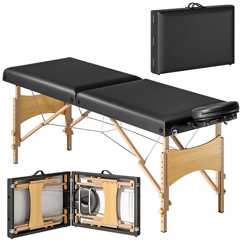 HOMCOM Height-Adjustable Massage Table, Wooden Frame, Folding Massage Bed, Foam Padding, Black