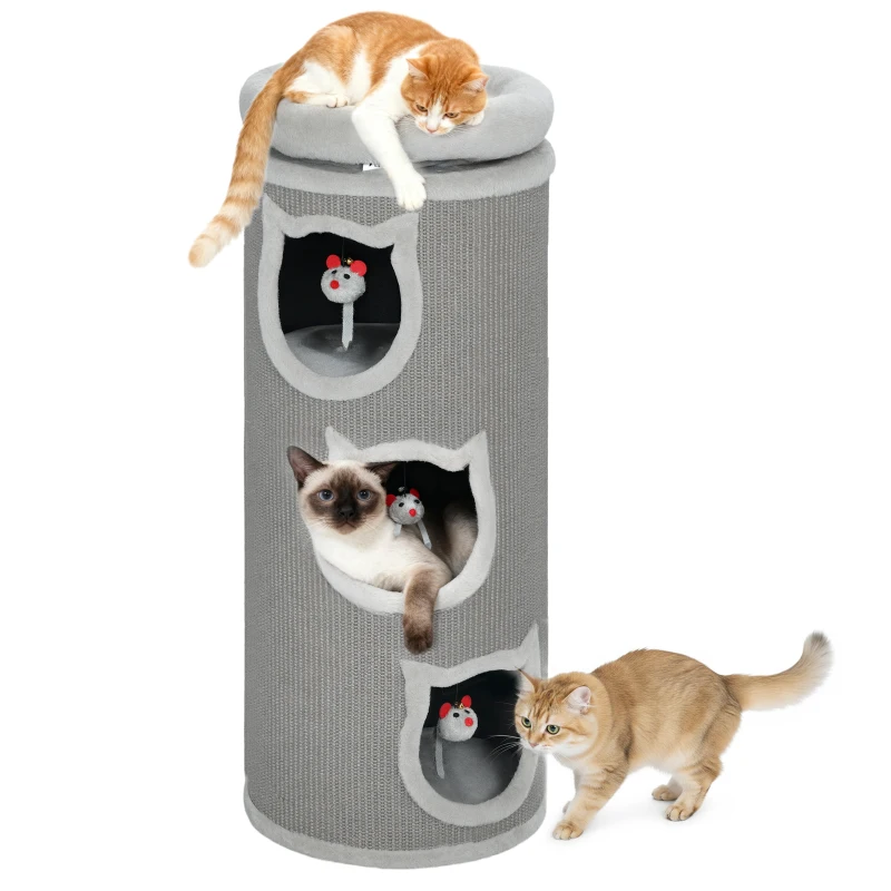 PawHut Torre rascadora, 96 cm, torre de 4 niveles con cama lavable, 3 cuevas para dormir, 38x38x96 cm, Gris