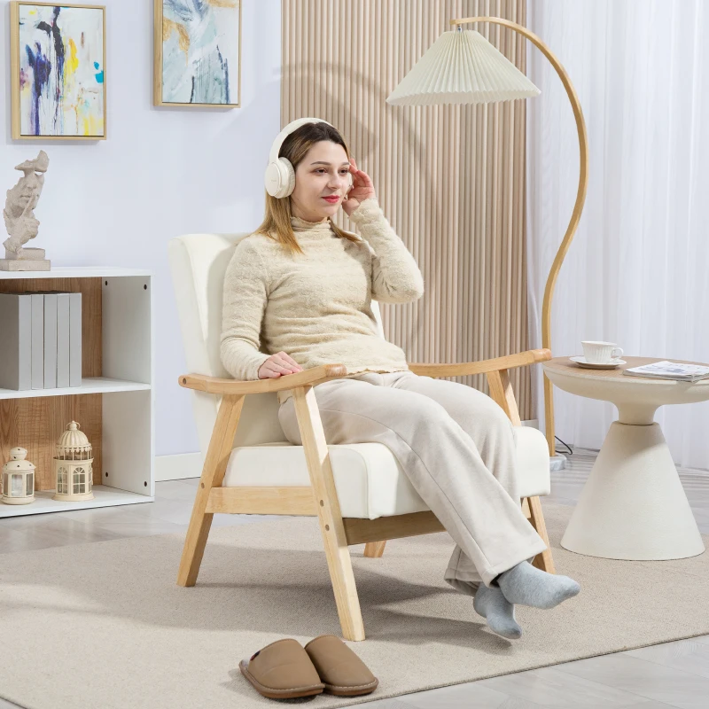 HOMCOM Upholstered armchair, Foam filling, Rubberwood frame, Cream white