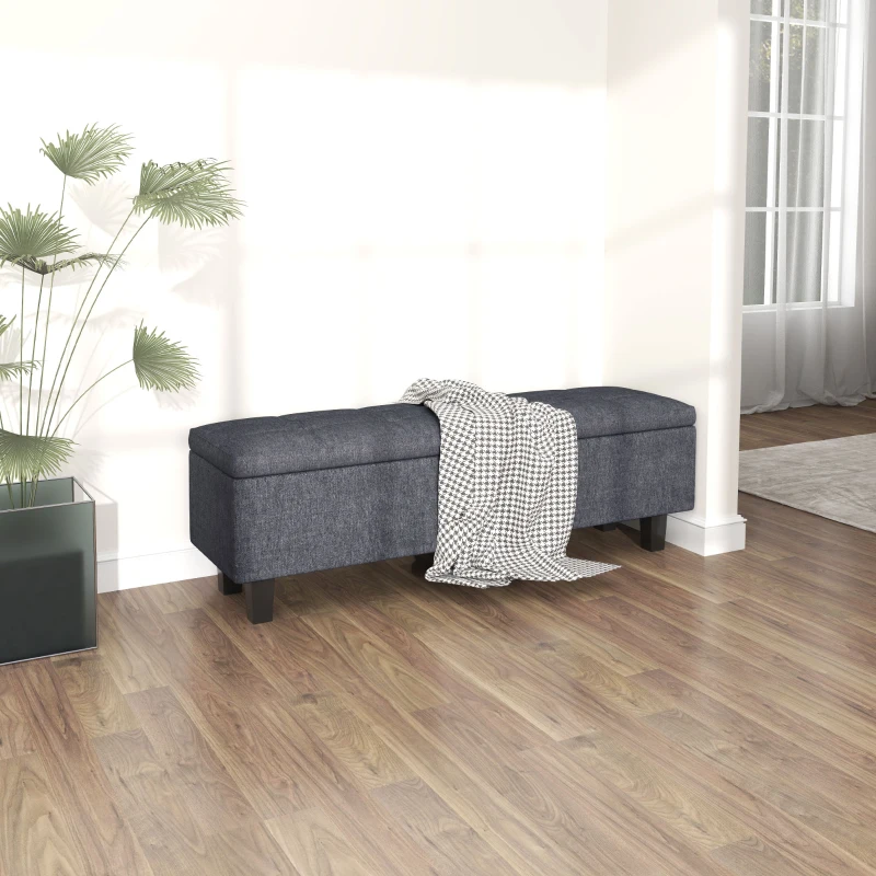 HOMCOM Linen-look storage upholstered bench with rubberwood legs for living room, bedroom, hallway, Dark Gray