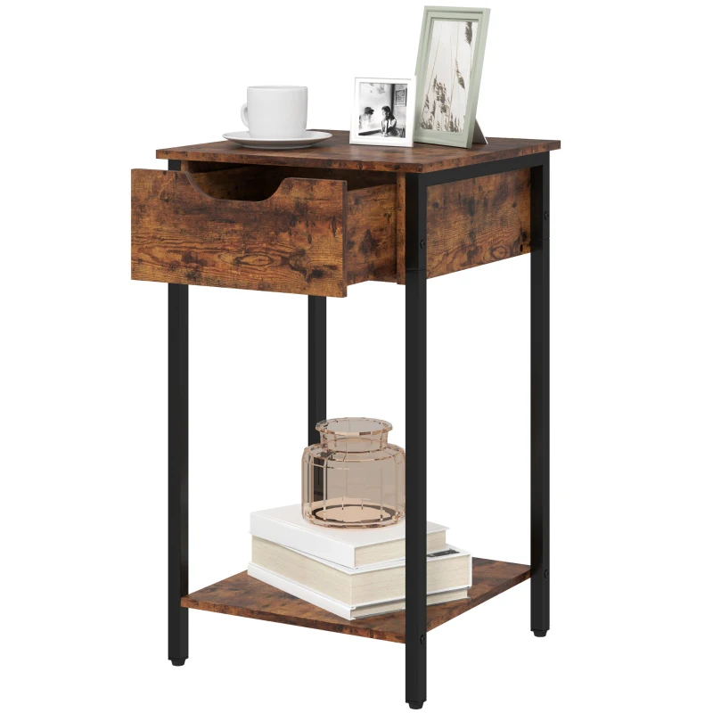 HOMCOM Industrial-style side table, with drawer and shelf, metal frame, wood, 40 x 40 x 68 cm, Brown