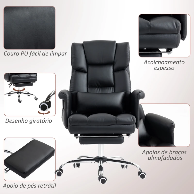 HOMCOM Cadeira de Escritório com Massagem em 6 Pontos Apoio para os Pés Retrátil Controlo Remoto e Suporte Lombar 69x65x115 cm Preto