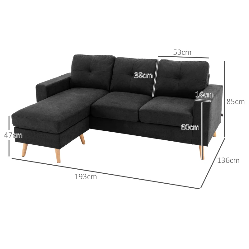 HOMCOM 3-Seater Sofa Couch Corner Sofa with Chaise Lounge, Button Tufting, 193 x 136 x 85 cm, Black