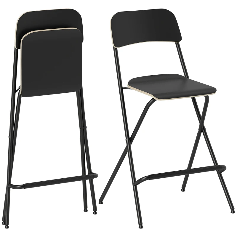 HOMCOM 2-Pack Bar Stools, Foldable Bar Chairs with Steel Frame for Kitchen, Dining Room, Black