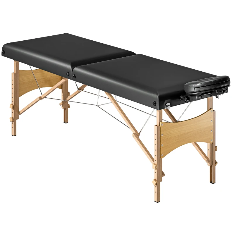 HOMCOM Height-Adjustable Massage Table, Wooden Frame, Folding Massage Bed, Foam Padding, Black
