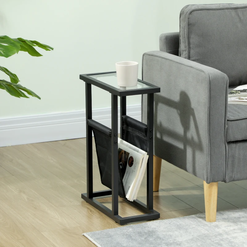 HOMCOM Metal Side Table with Fabric Pocket and Glass Top, Slim Table for Living Room, Bedroom, Black