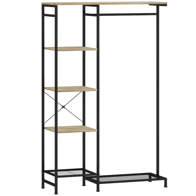 HOMCOM Coat rack, clothes stand with clothes rail, shoe shelf shelf anti-tip Oak