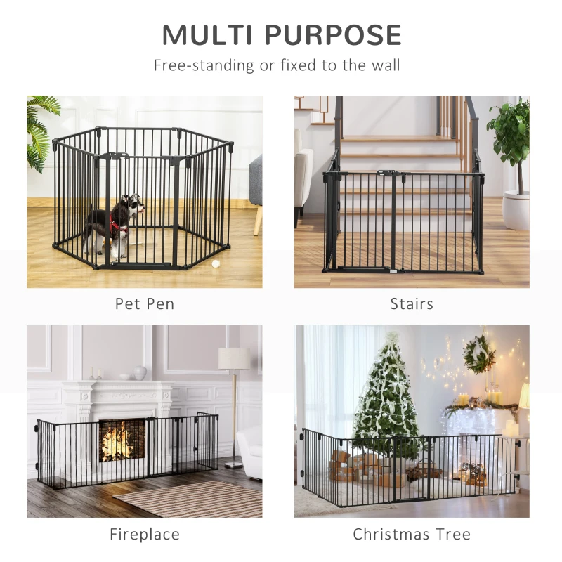 PawHut Dog Safety Gate 6-Panel Playpen Fireplace Christmas Tree Steel Fence Stair Barrier Room Divider Black
