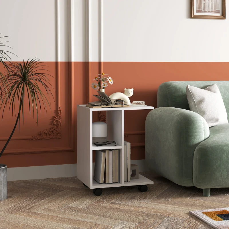HOMCOM C-shaped side table, coffee table, side table, corner desk, with wheels, E1 particle board, 45 x 35 x 58 cm, White