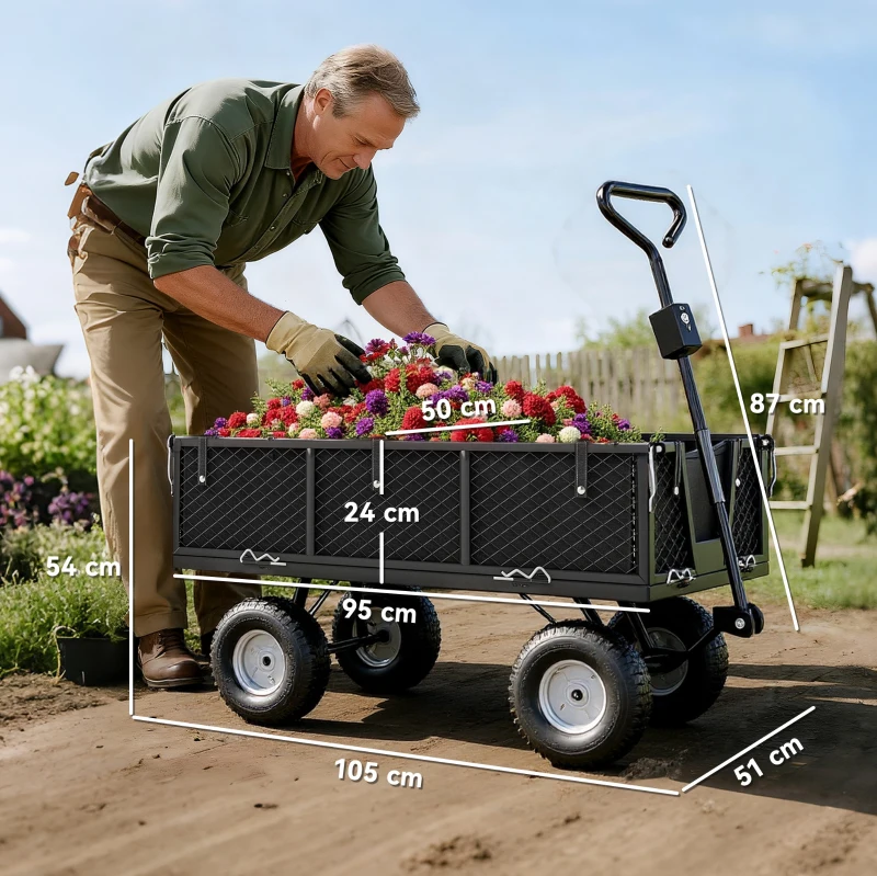 Outsunny Gartenwagen, 4-Rad-Trolley aus Stahl, abnehmbare Seitenwände, 25 cm Räder, drehbarer Griff, 300 kg Traglast, Schwarz(m-3)