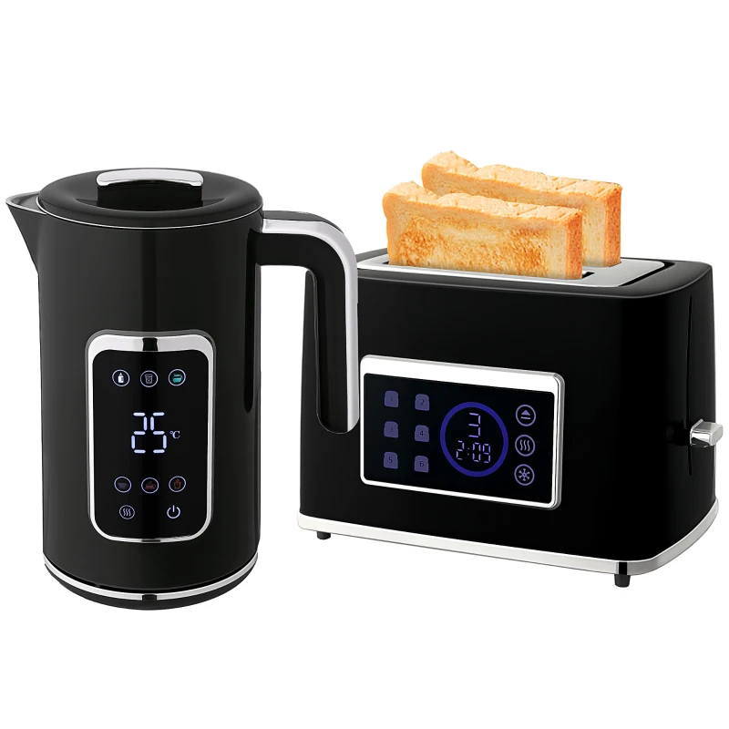 HOMCOM Waterkoker en Toaster-set met LED-Touchscreen, 1,7 L, 2 sleuven, verschillende modi en functies, Zwart