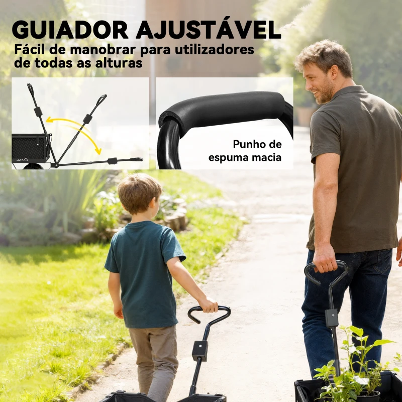 Outsunny Carrinho de Transporte com Guiador Giratório Ajustável e Bolsa Impermeável Removível Carga 300 kg 105x51x54 cm Preto
