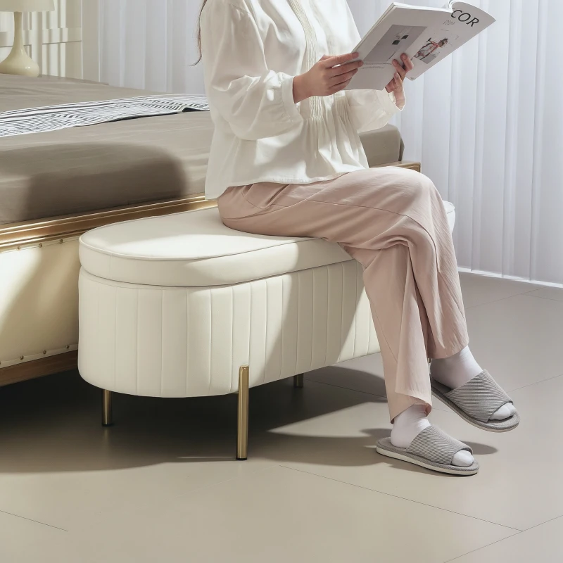 HOMCOM Storage Bench with Lift-Up Lid and Storage, Fabric Cover, Metal, Cream White+Gold