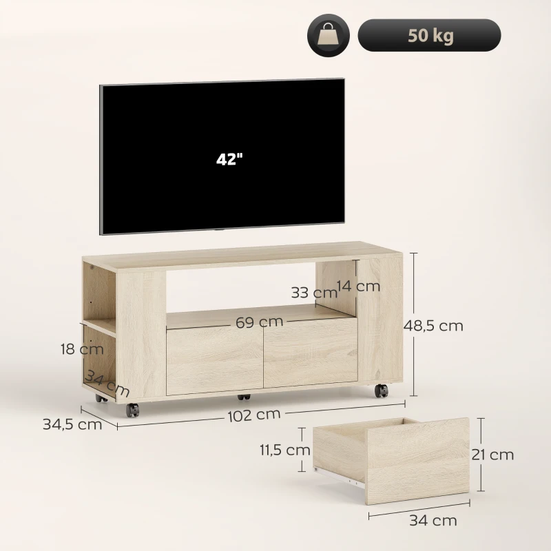 HOMCOM Meuble TV de 106,7 cm avec roulettes pivotantes et frein, étagères réglables et tiroirs, 102x34.5x48.5 cm, Bois