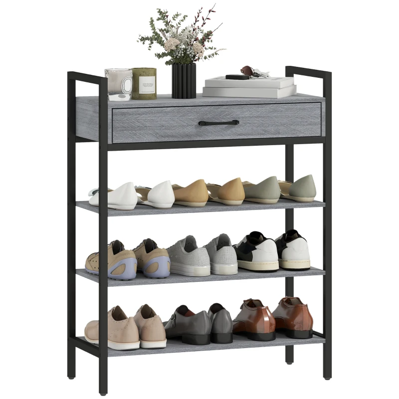 HOMCOM 4-tier Shoe Rack, Hallway Rack for up to 9 Pairs of Shoes, Particleboard, Metal, Gray