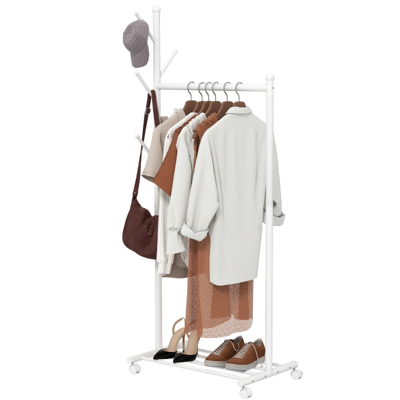 HOMCOM Clothes rack on casters, mobile coat rack with clothes rail, 5 hooks, shoe shelf, White