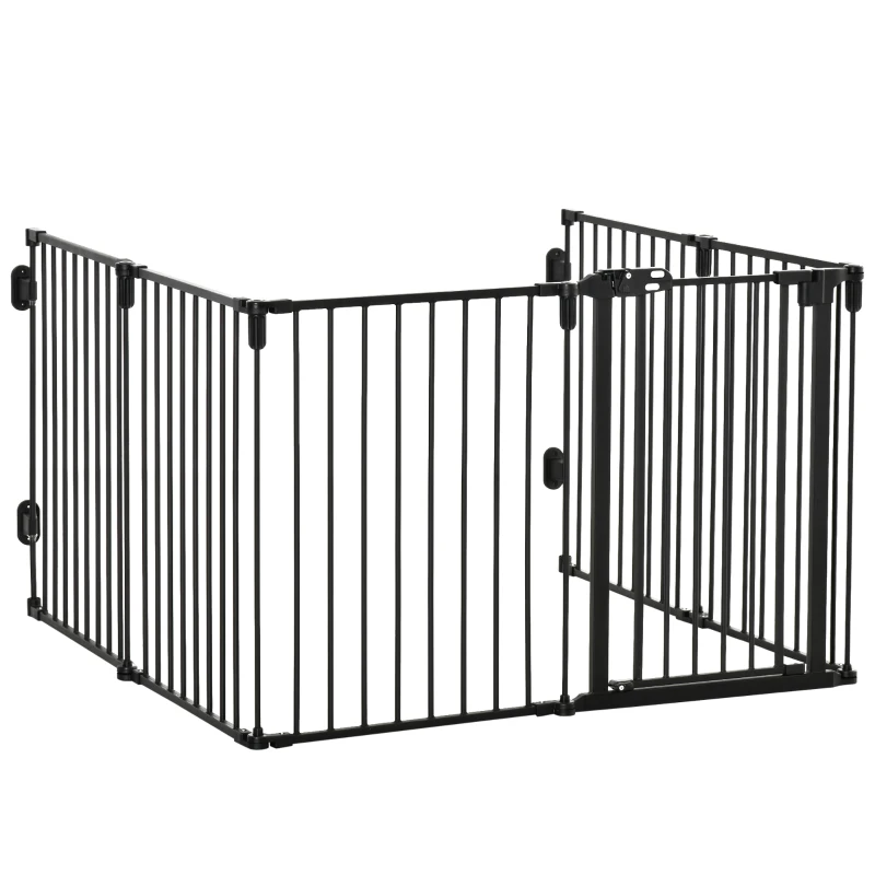 PawHut Dog Safety Gate 6-Panel Playpen Fireplace Christmas Tree Steel Fence Stair Barrier Room Divider Black