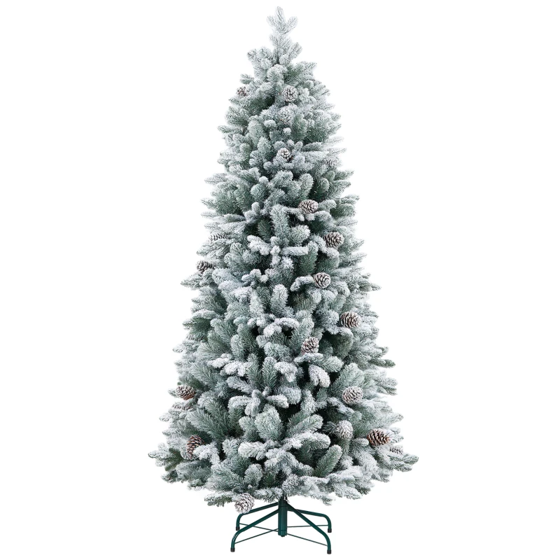 HOMCOM Artificial Christmas Tree, Artificial Snow & Pine Cones, realistic, flame-retardant, metal base, 183 cm, Green