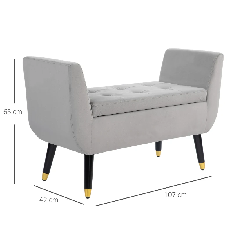 HOMCOM Storage Bench with Armrests and Storage, Trunk Bench, Velvet-like Polyester, Rubberwood, Light Gray, 107 x 42 x 65 cm
