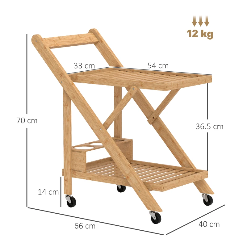 HOMCOM Kitchen trolley on wheels, Serving cart with 3 wine racks, 2 trays, for kitchen, dining room, bamboo wood, light brown