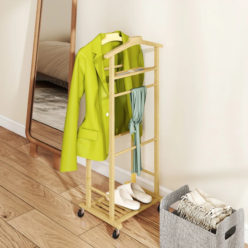 HOMCOM Rolling Garment Rack, Bamboo Coat Stand, Integrated Double Hanger, 47 x 33,7 x 105,5 cm, Natural Wood