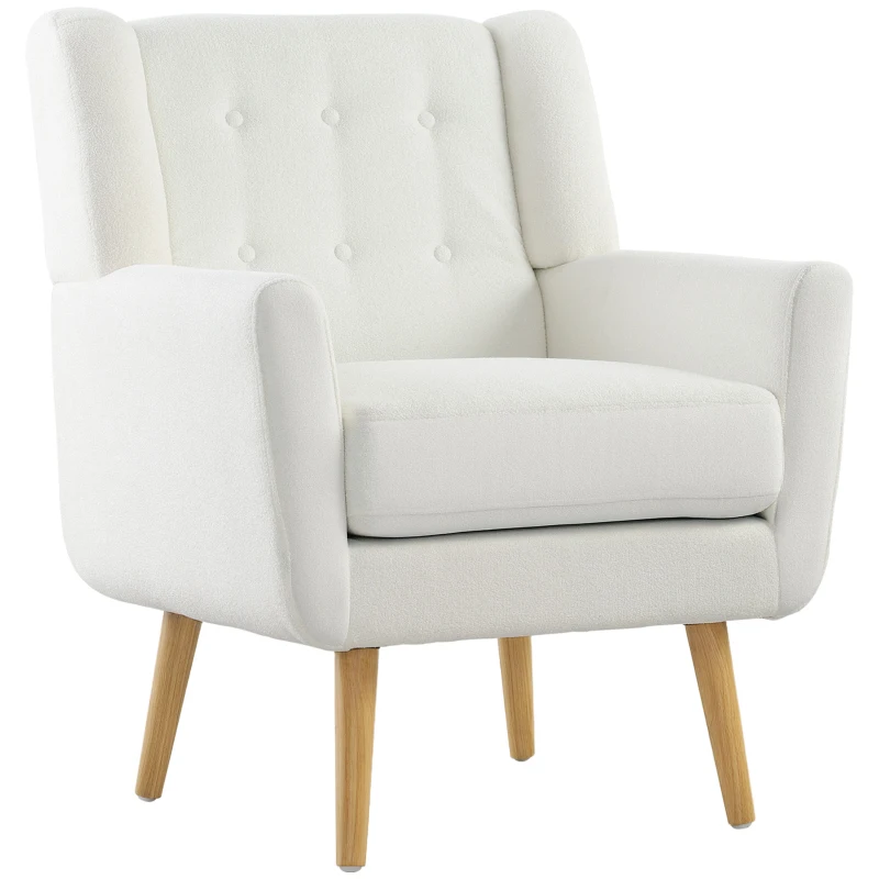 HOMCOM Armchair, Wing Chair, Upholstered Chair, Wooden Legs, Button Tufting, White
