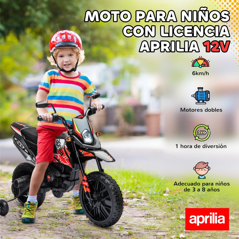 AIYAPLAY Moto Eléctrica para Niños 12V con Licencia Aprilia con Ruedas Auxiliares Desmontables 6 km/h Suspensión Trasera Rojo