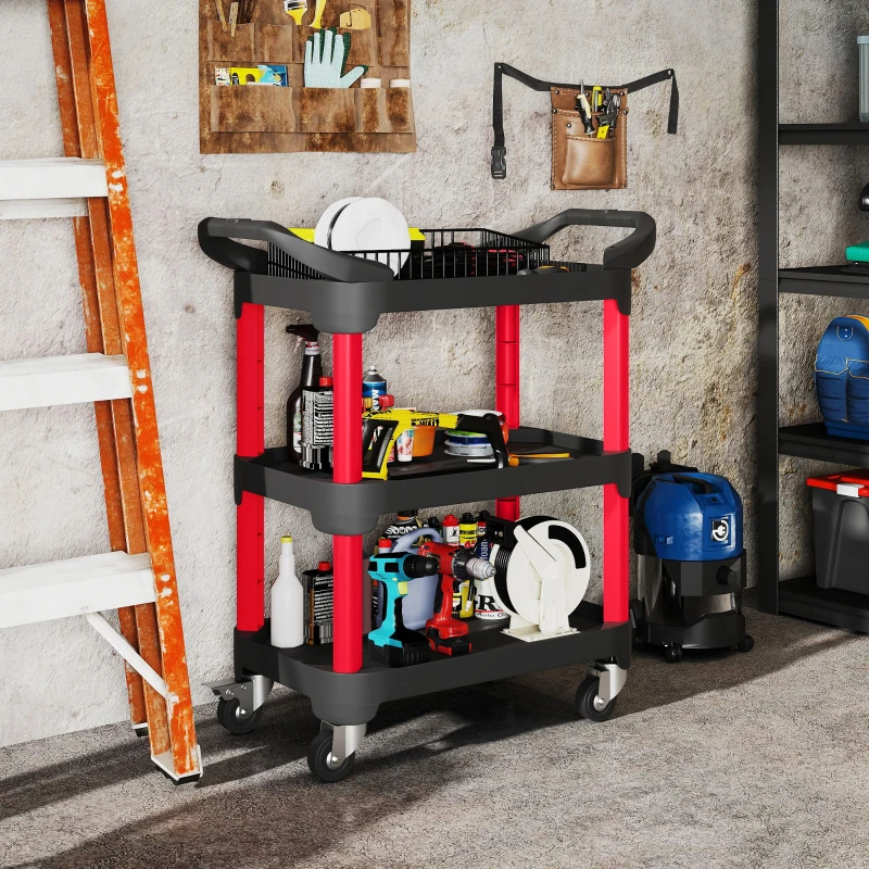 HOMCOM Tool cart with 3 tiers, side handles, wheels, plastic, black