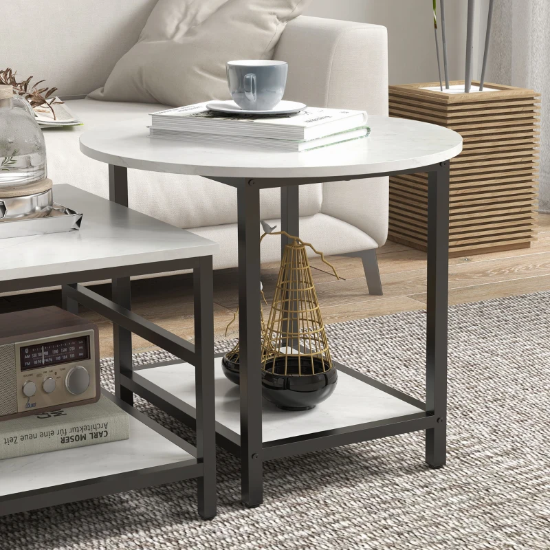 HOMCOM Coffee table set, 2 side tables, marble-look, adjustable feet, steel, Black/White